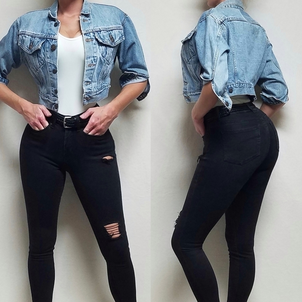 𝅺VINTAGE 90s Levi's Cropped Stonewash Quarter Sleeve Denim Trucker Jacket Small